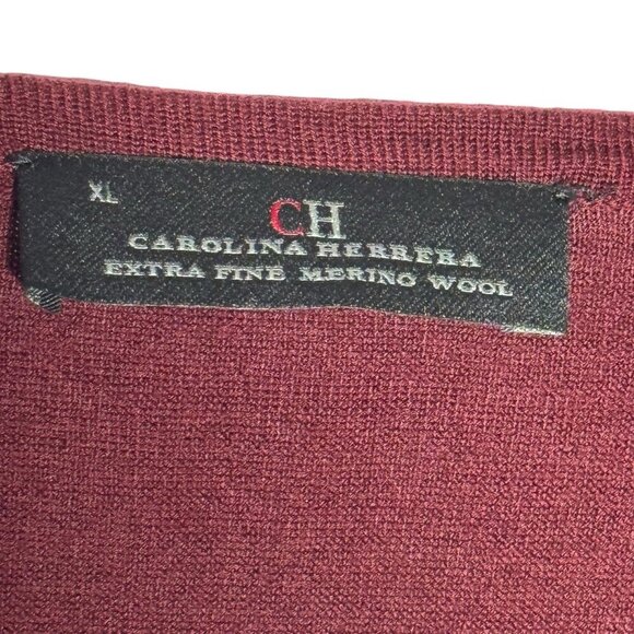 CAROLINA HERRERA Mens V-neck merino wool pullover sweater Size XL Garnet red - Picture 7 of 9